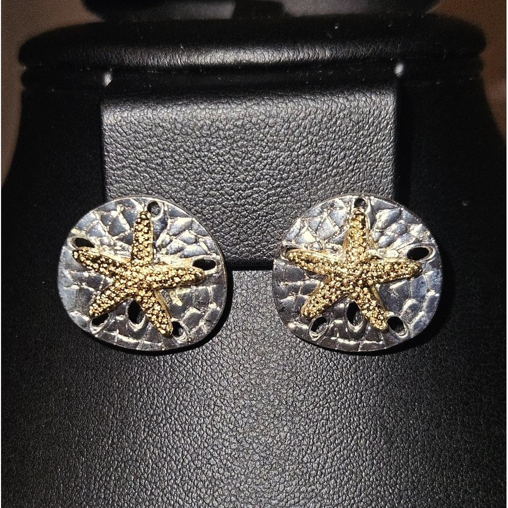 Sand Dollar Earrings Silvertone With Goldtone Accents